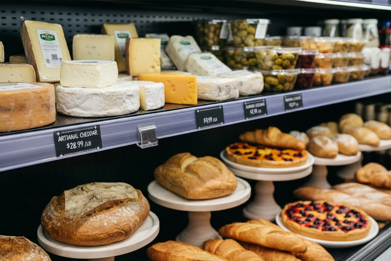 Black reusable write-on/wipe-off price tags displayed in individual sign holders beside deli foods and bakery products