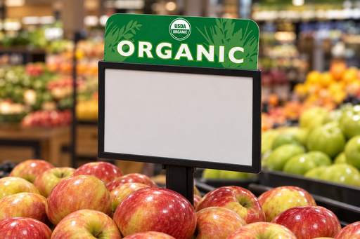 Green Organic sign topper displayed above a black produce sign frame beside apples in a grocery store