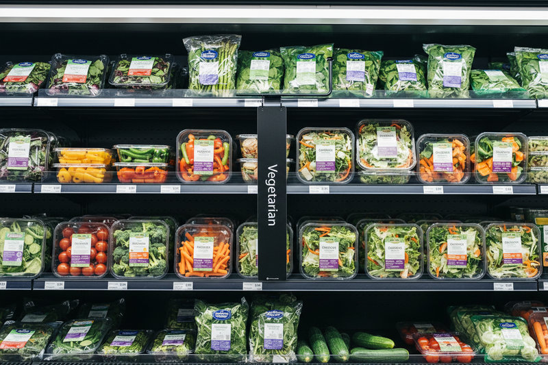 Vegetarian blade sign hanging inside a refrigerated produce case above packaged salads and fresh vegetables