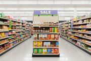 Gondola shelving header sign holders snapped into gondola uprights above a grocery store aisle, holding a promotional header sign flat for shoppers