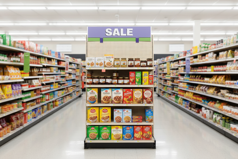 Gondola shelving header sign holders snapped into gondola uprights above a grocery store aisle, holding a promotional header sign flat for shoppers