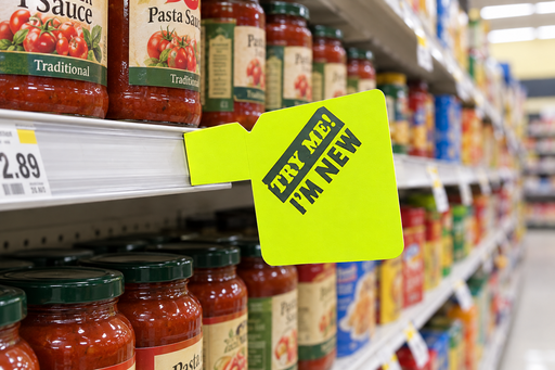 Fluorescent yellow Try Me I'm New aisle flag sign with its integral tab inserted into the supermarket shelf price channel, sign projecting into the aisle