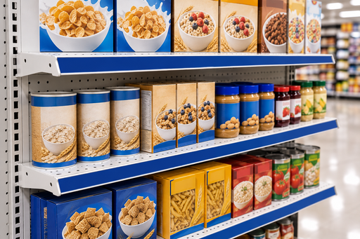 Blue 48-inch by 1.25-inch price channel molding insert strips installed along white gondola shelf edges in a stocked grocery aisle.