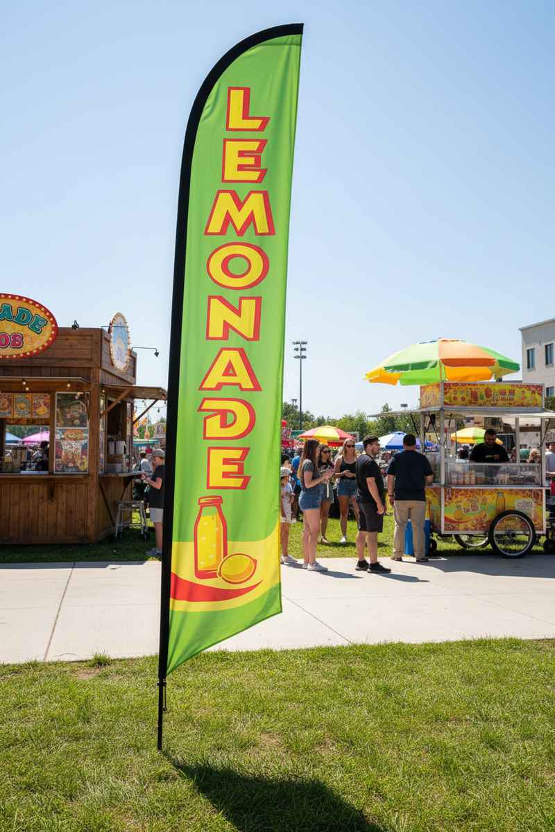 Green Lemonade feather flag planted in grass at an outdoor concession or food vendor location – 16' tall display – Screen Gems Inc.