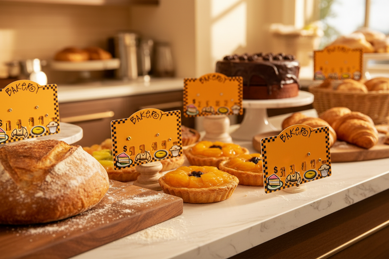 Bakery dial-a-price tags displayed beside breads, pastries, and other baked goods