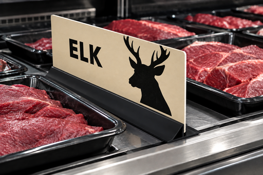 Illustrative elk meat case divider in a low-profile black extrusion base among unlabeled trays in a supermarket meat case