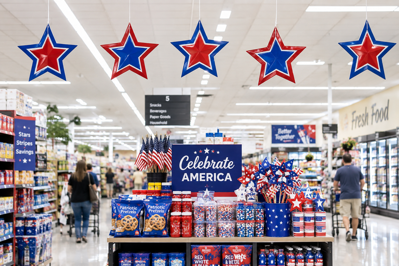 Patriotic Star ceiling danglers hanging above a seasonal grocery store aisle display