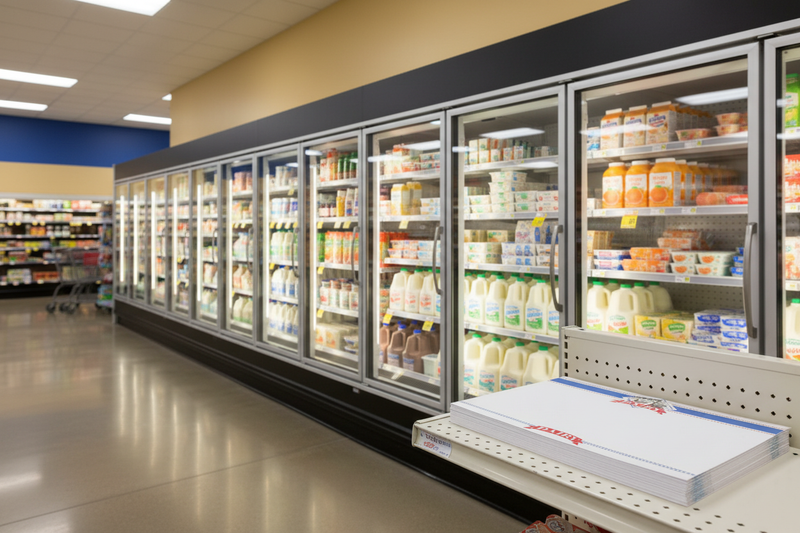 Dairy Shelf Signs 11W x 7H displayed in supermarket dairy aisle with refrigerated dairy products in background - lifestyle in-store display