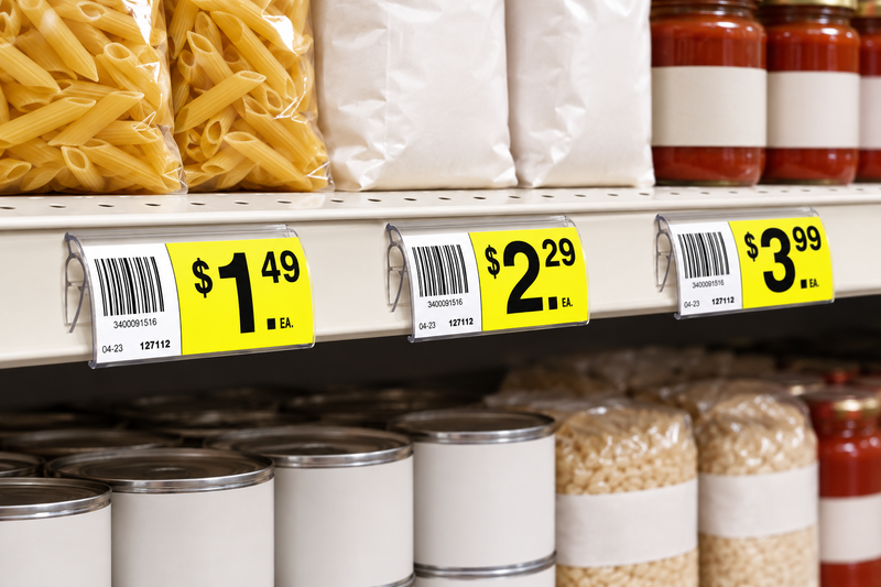 Clear curved price channel tag holders with side clips mounted on a supermarket shelf edge, holding barcode and yellow price labels below pasta and pantry goods