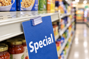 Clear one-inch Super Grip clip with rounded ridged profile gripping a blue Special shelf sign in a grocery aisle, 100-piece pack