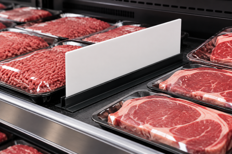 Illustrative blank custom meat case divider panel in a holder separating meat display sections in a supermarket case