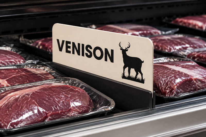 Illustrative venison game meat case divider in a holder among packaged meat in a supermarket display