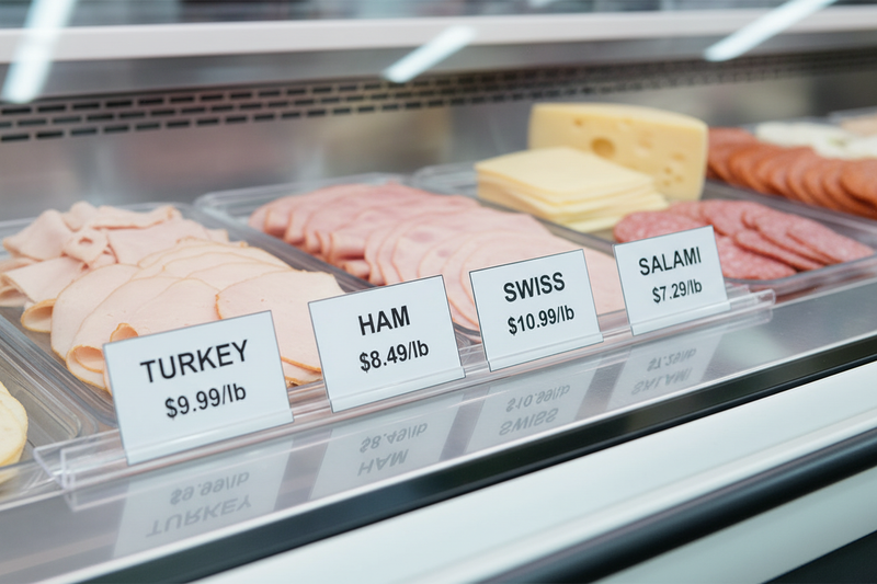 Low-profile 24 in easel sign runner holding turkey, ham, swiss, and salami price cards in a supermarket deli case