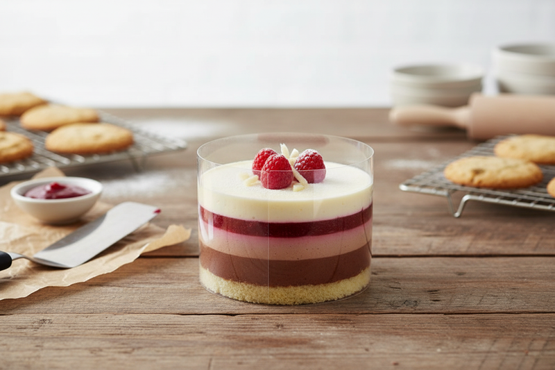 Clear 4 mil acetate cake collar wrapped around a layered entremet in a bakery workspace
