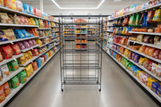 Black wire five-shelf fold-up display rack with adjustable shelves and sign holders merchandised in a grocery retail aisle