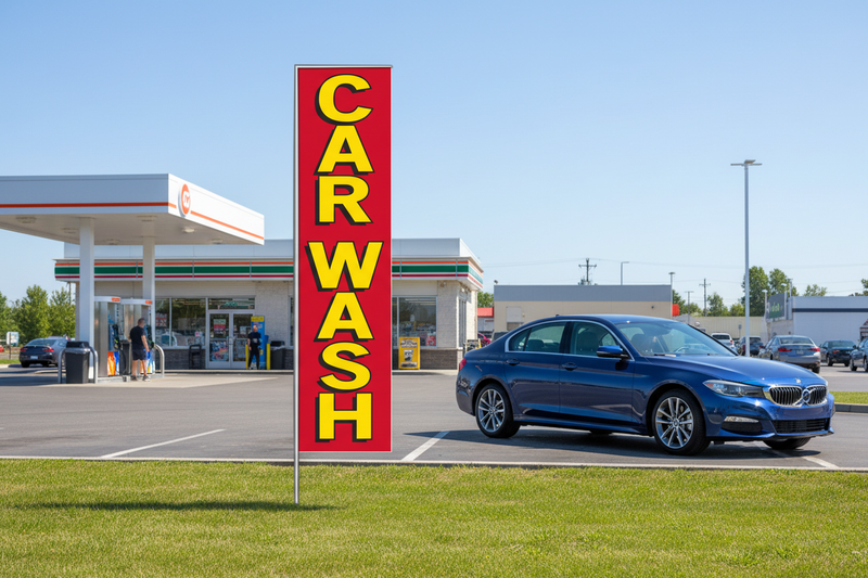 Red and yellow Car Wash banner flag installed in green grass beside a fuel-station car wash with a vehicle, showing roadside advertising use