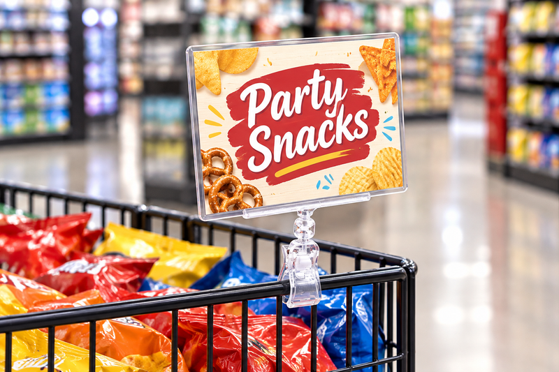 Clip-on sign holder with clear protective sleeve clipped to a wire dump basket of snacks, holding a horizontal Party Snacks promo card angled toward the aisle