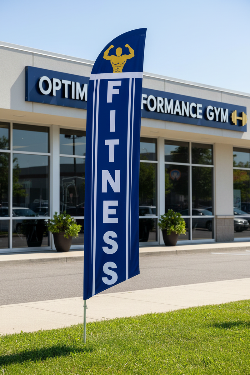 Blue and gold Fitness feather flag planted in grass outside a gym or fitness center – 16' tall outdoor display – Screen Gems Inc.