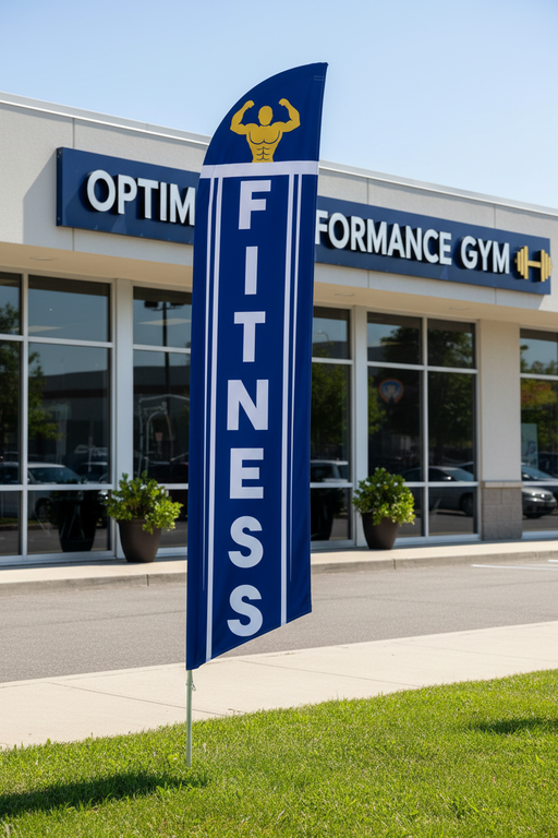 Blue and gold Fitness feather flag planted in grass outside a gym or fitness center – 16' tall outdoor display – Screen Gems Inc.