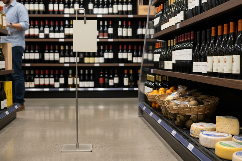 Satin nickel 42-inch metal floor sign holder with down-position clip displayed in a wine shop aisle