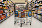Black rectangular folding wire dump bin with casters displaying packaged snacks in a grocery store aisle.