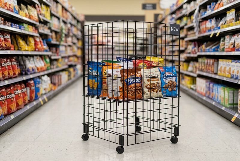 Black rectangular folding wire dump bin with casters displaying packaged snacks in a grocery store aisle.