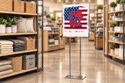 Made in the USA distressed American flag poster in a chrome floor stand at a retail display; stand sold separately.