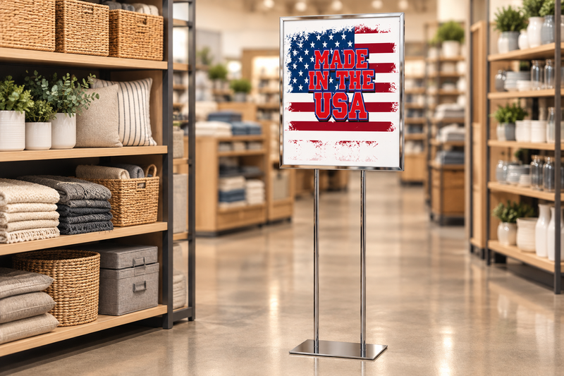 Made in the USA distressed American flag poster in a chrome floor stand at a retail display; stand sold separately.