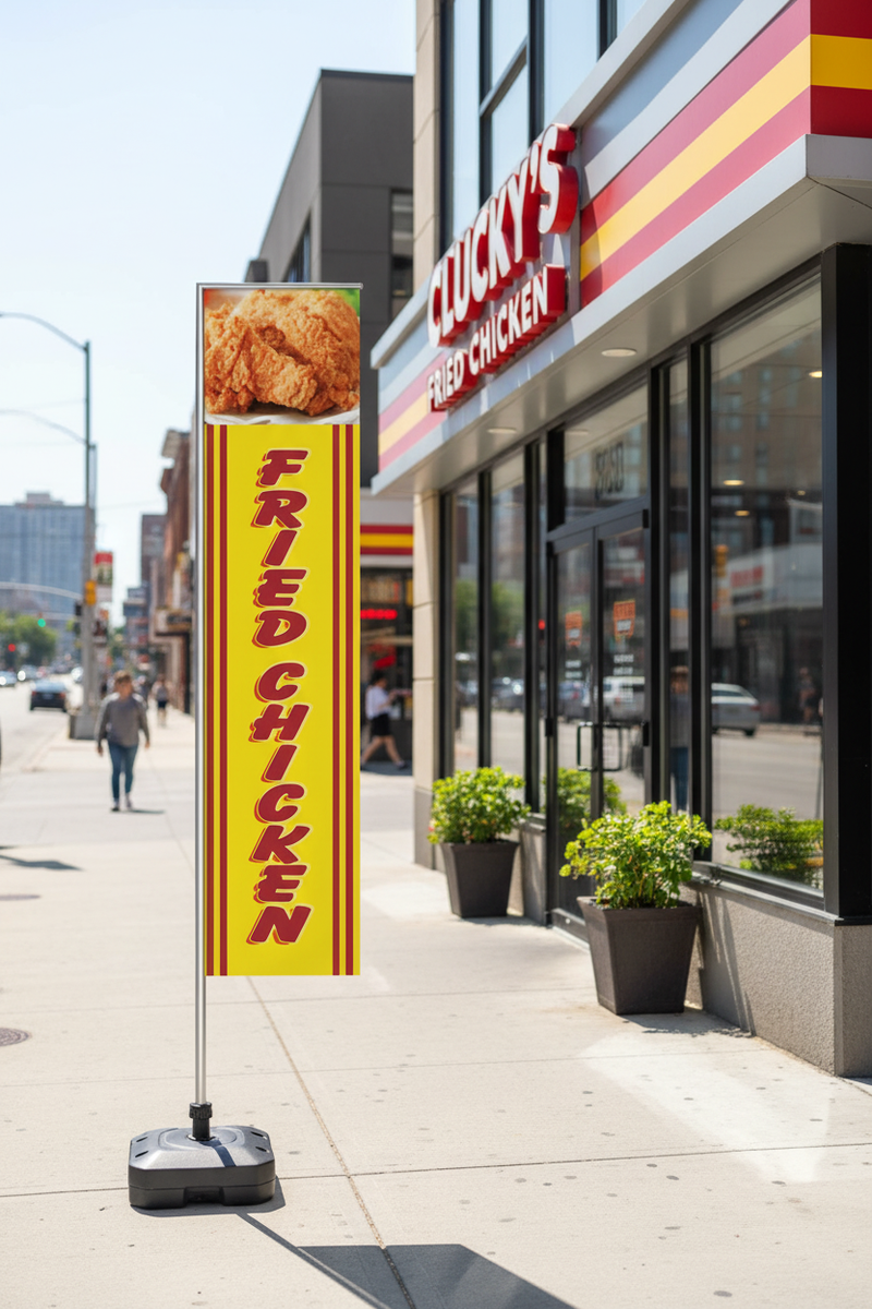 Fried chicken feather flag displayed outdoors in front of a restaurant – bold yellow and red design – Screen Gems Inc.