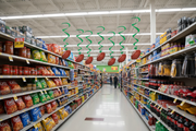 Football ceiling danglers hanging above a seasonal football retail store display