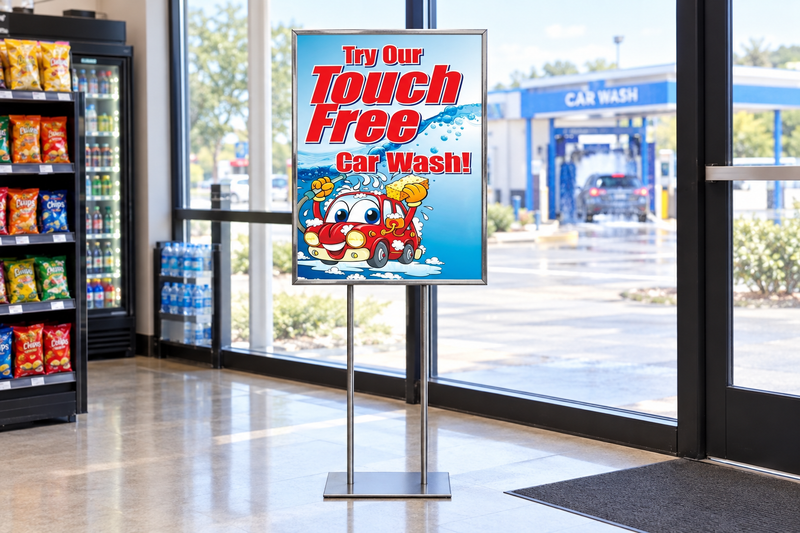 Touch Free Car Wash 22 × 28-inch poster with red lettering and cartoon car displayed in a floor stand near a convenience store entrance.