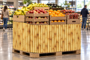 Bamboo Corrugated Base Pallet Wrap, 42 in x 25 ft, wrapping the base of a supermarket produce pallet display of crated apples, oranges and bananas