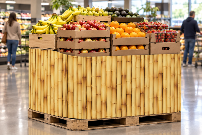 Bamboo Corrugated Base Pallet Wrap, 42 in x 25 ft, wrapping the base of a supermarket produce pallet display of crated apples, oranges and bananas