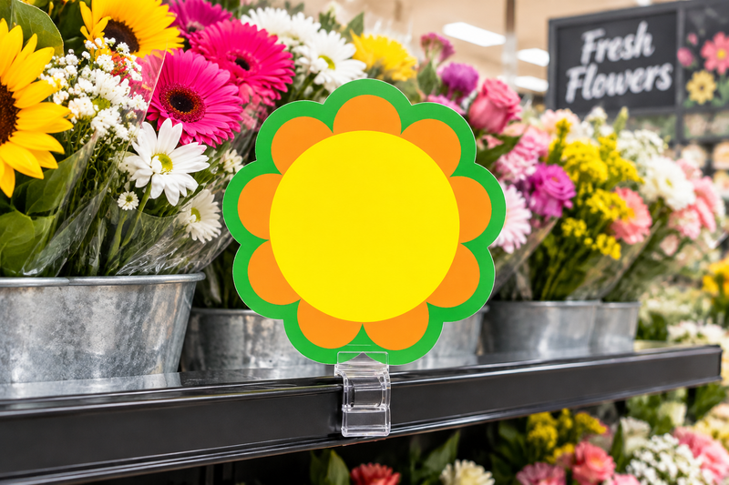 Die-cut daisy floral shelf sign clipped into a shelf-edge holder near fresh cut flowers in a supermarket floral department