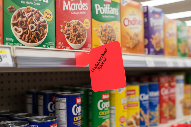 Fluorescent red Un-Advertised Special aisle violator flag shelf sign with tab folded into price channel rail, sign body sticking up and out perpendicular from shelf into aisle - lifestyle in-store display