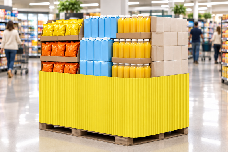 Yellow Corrugated Base Pallet Wrap, 48 in x 25 ft, bright yellow wrapping a supermarket value pallet display of snacks, juice and boxed goods