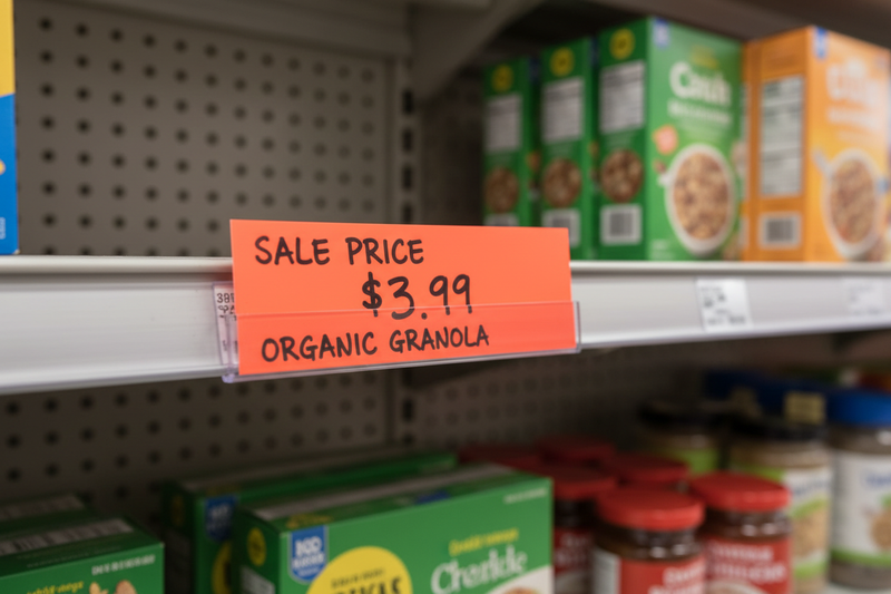 Red Orange Fluorescent Shelf Sign Price Cards 11W x 3.5H prominently inserted into shelf sign holder in retail store aisle - lifestyle in-store display