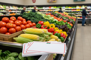 Jersey Fresh Produce Shelf Signs 5.5W x 3.5H displayed in supermarket produce department with fresh NJ vegetables and fruits in background - lifestyle in-store display