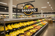 Full-size bananas produce sign mounted on the top of a supermarket produce case with visible holder hardware