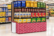 Red Brick corrugated base pallet wrap on a grocery store snack aisle end cap display