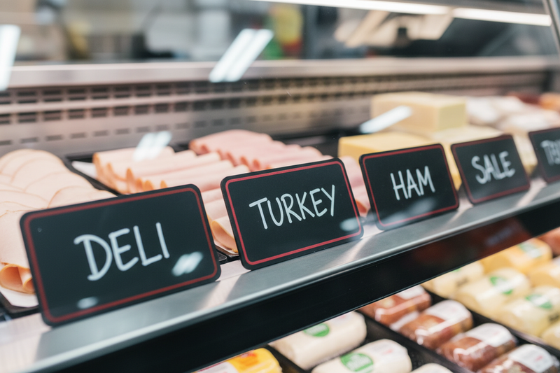 Black acrylic write-on chalkboard price tags displayed in a grocery deli case