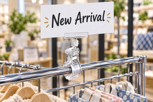 Clear clip-on sign holder with white swivel knuckle clamped to a chrome wire rack rail, top jaw gripping a horizontal New Arrival card in a retail store