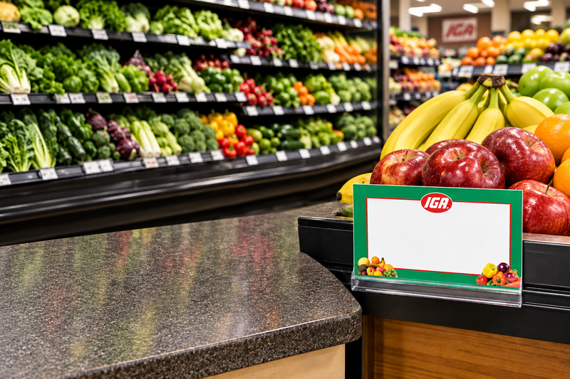 IGA produce shelf sign, 8.5 x 5.5 inch green and red IGA price card mounted flush in a clear holder beside fresh fruit in supermarket produce aisle