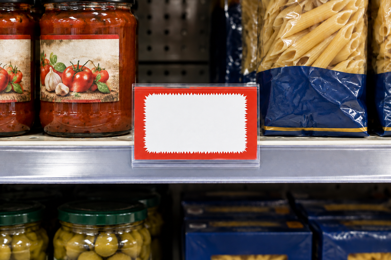 Horizontal red starburst shelf price card shown at modest real-world size in a clear shelf holder beside pasta sauce and grocery products