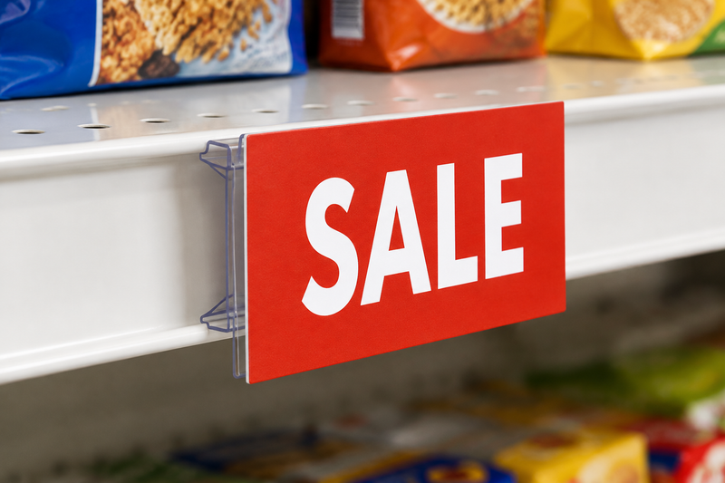 Red Sale sign covering the adhesive face of a clear price-channel holder, with its shelf-mount profile visible from the side.
