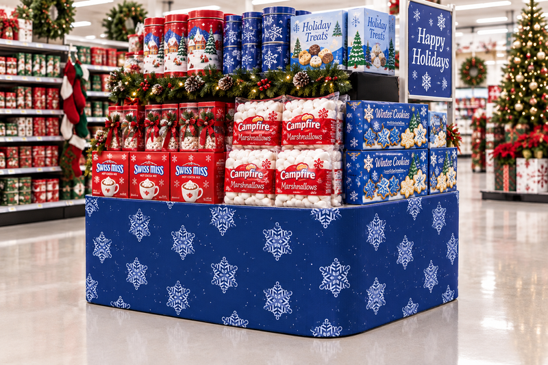 Snowflakes corrugated base pallet wrap on a retail store winter holiday end cap display