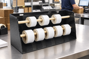 Black 24-inch roll label holder organizer with two wooden dowels carrying blank label rolls at a retail packing counter