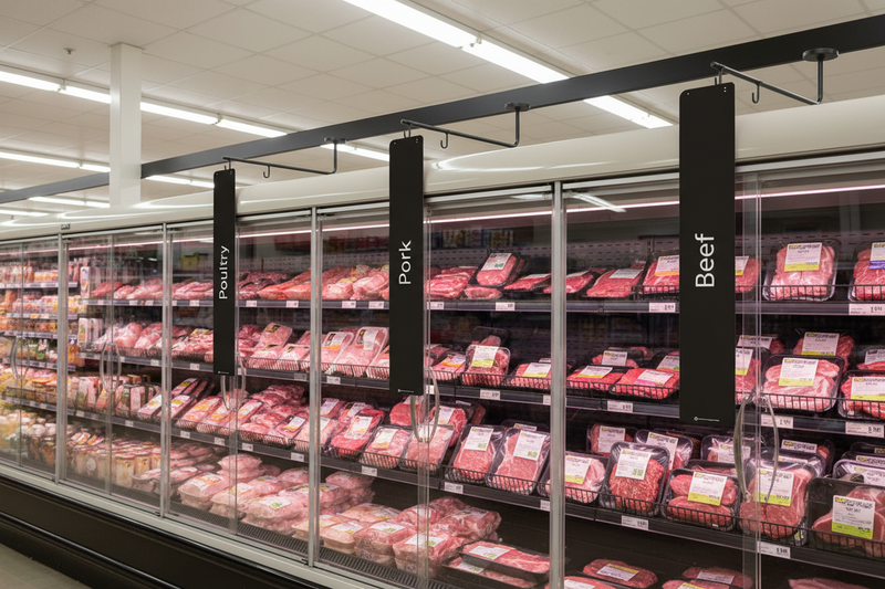 Poultry, Pork, and Beef blade signs mounted with magnetic holders on a supermarket meat case