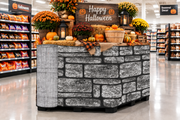 Fieldstone corrugated base pallet wrap on a retail store Halloween autumn end cap display