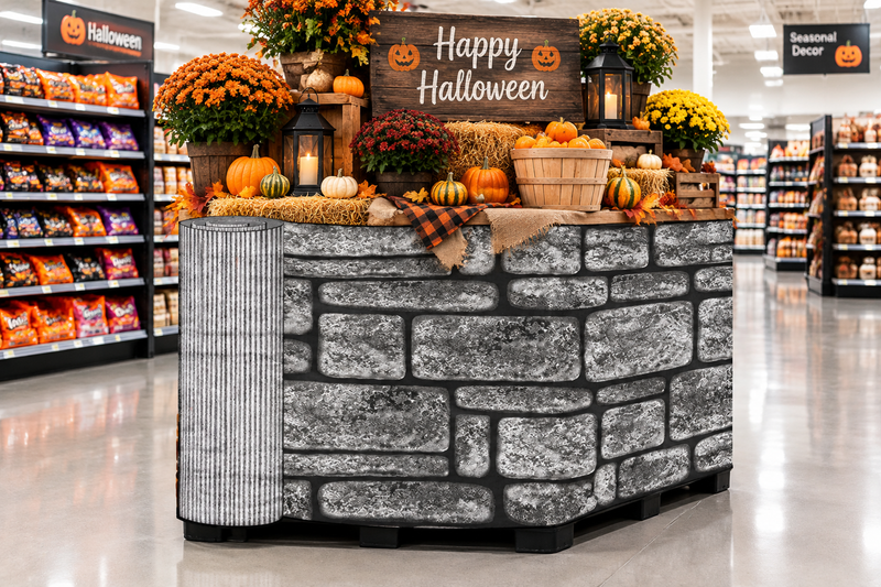 Fieldstone corrugated base pallet wrap on a retail store Halloween autumn end cap display